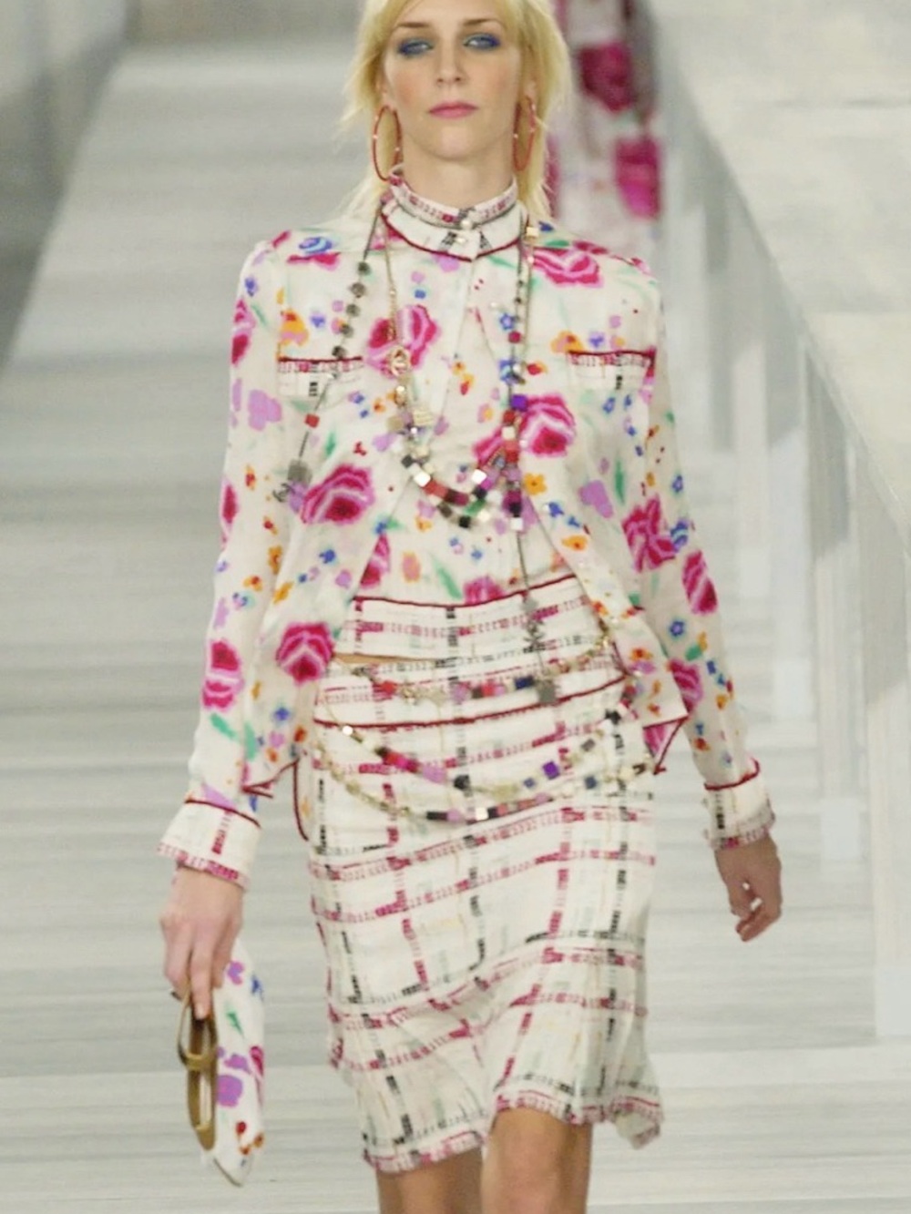 CHANEL Runway Top w/ CC pattern throughout & Multicolored Tweed trim sz 44